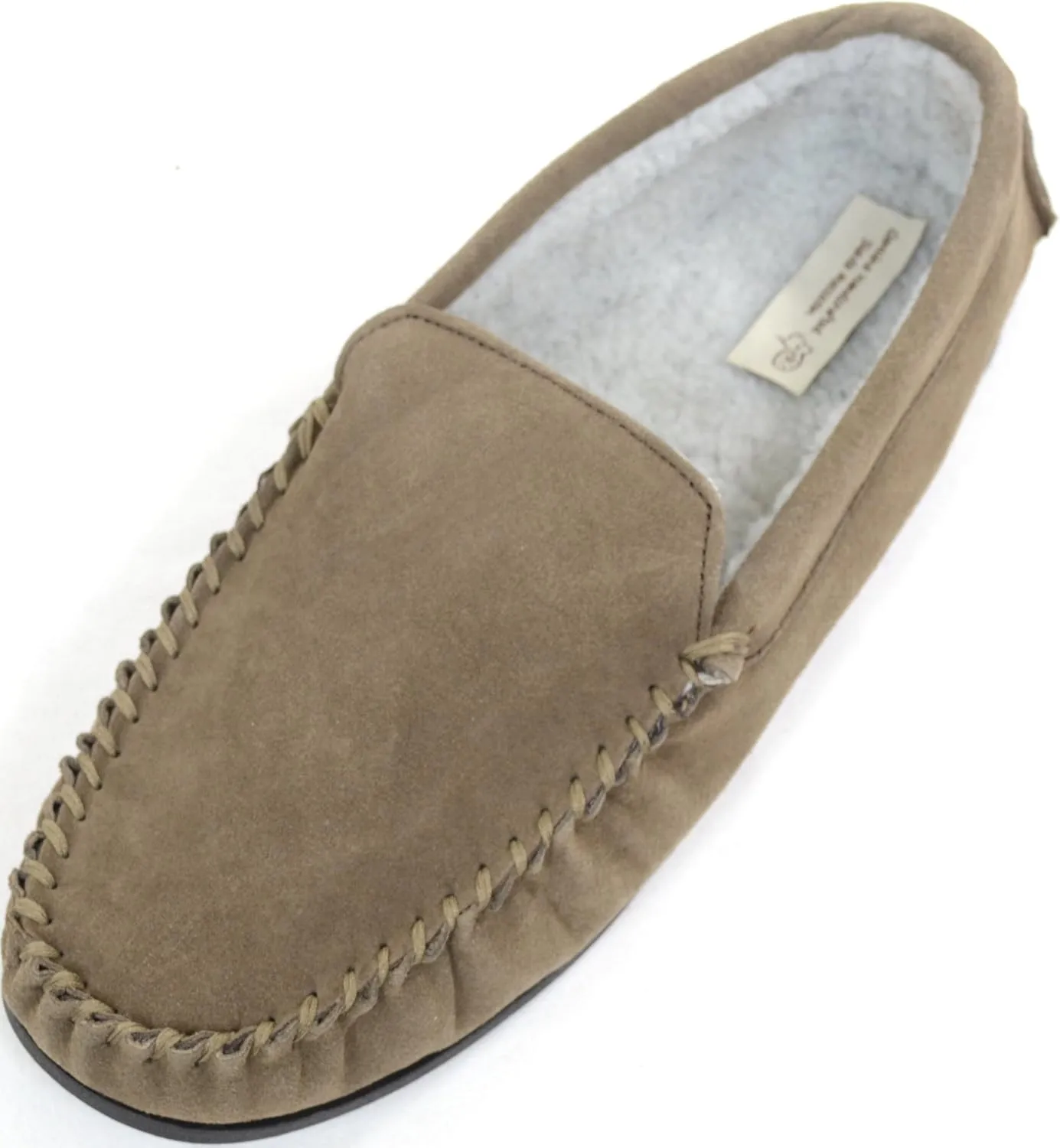 Mens Berber Fleece Lined Moccasin Slipper with Non-Slip Rubber Sole