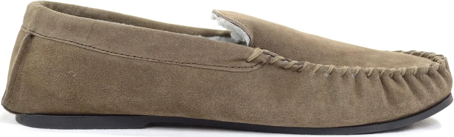 Mens Berber Fleece Lined Moccasin Slipper with Non-Slip Rubber Sole