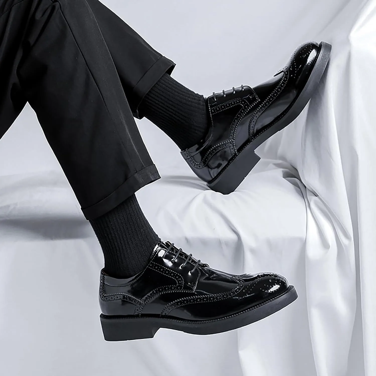 Men's Black Patent Leather Wingtip Brogue Oxfords Classic Lace Up Low Top Derby Shoes - for Office Business & Dress Occasions