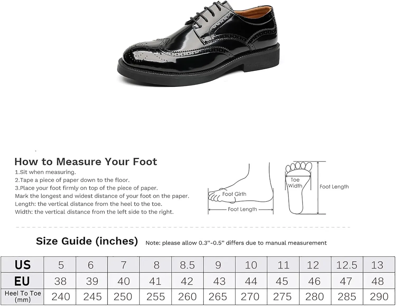 Men's Black Patent Leather Wingtip Brogue Oxfords Classic Lace Up Low Top Derby Shoes - for Office Business & Dress Occasions