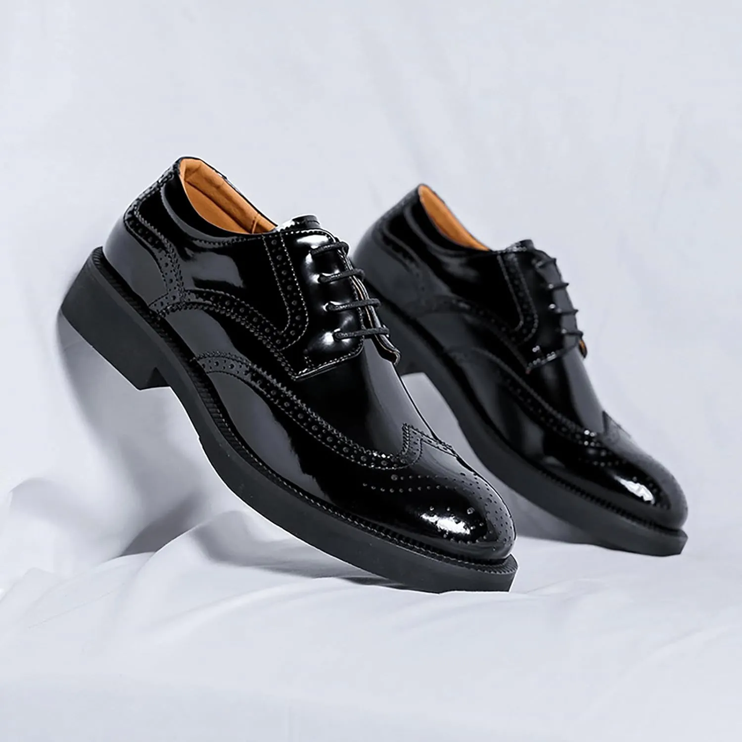 Men's Black Patent Leather Wingtip Brogue Oxfords Classic Lace Up Low Top Derby Shoes - for Office Business & Dress Occasions