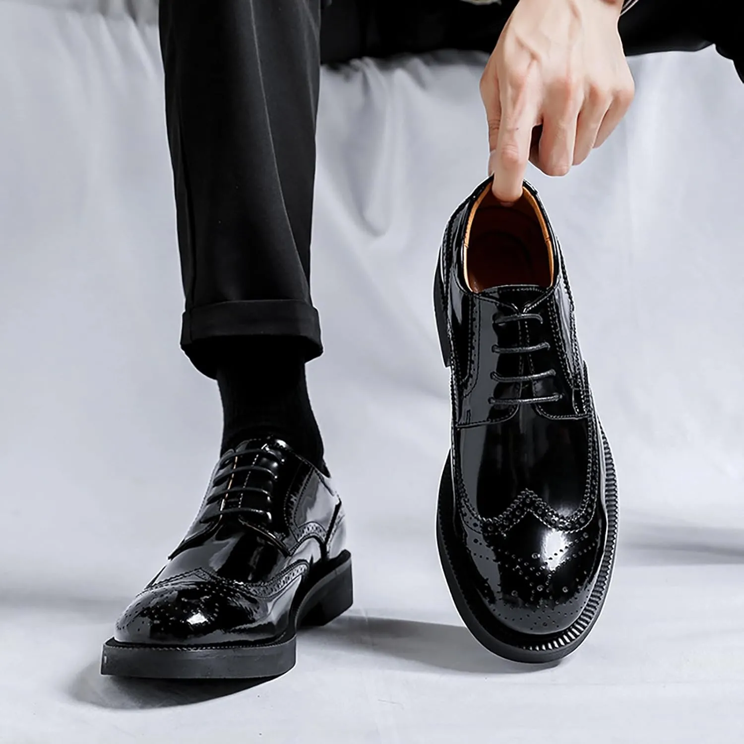 Men's Black Patent Leather Wingtip Brogue Oxfords Classic Lace Up Low Top Derby Shoes - for Office Business & Dress Occasions