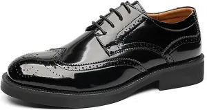 Men's Black Patent Leather Wingtip Brogue Oxfords Classic Lace Up Low Top Derby Shoes - for Office Business & Dress Occasions