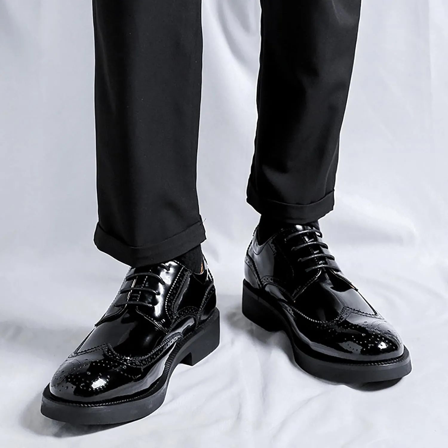 Men's Black Patent Leather Wingtip Brogue Oxfords Classic Lace Up Low Top Derby Shoes - for Office Business & Dress Occasions