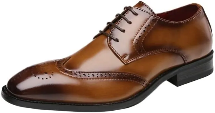 Men's Breathable Printed Lace-up Leather Shoes Shiny Low-top Soft Sole Non-Slip and Wear-Resistant Suitable for Daily Commuting, Business Leisure