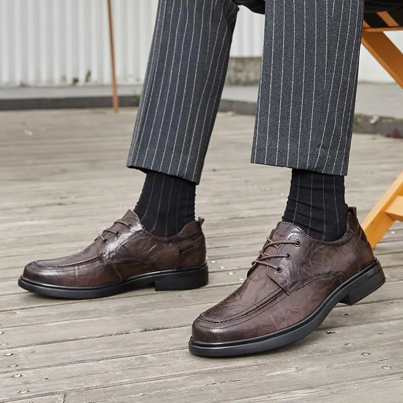 Men's Casual Business Formal Leather Shoes Hand-Brushed British Loafers Round Toe Height Increase Shock Absorption Non-Slip Shoes