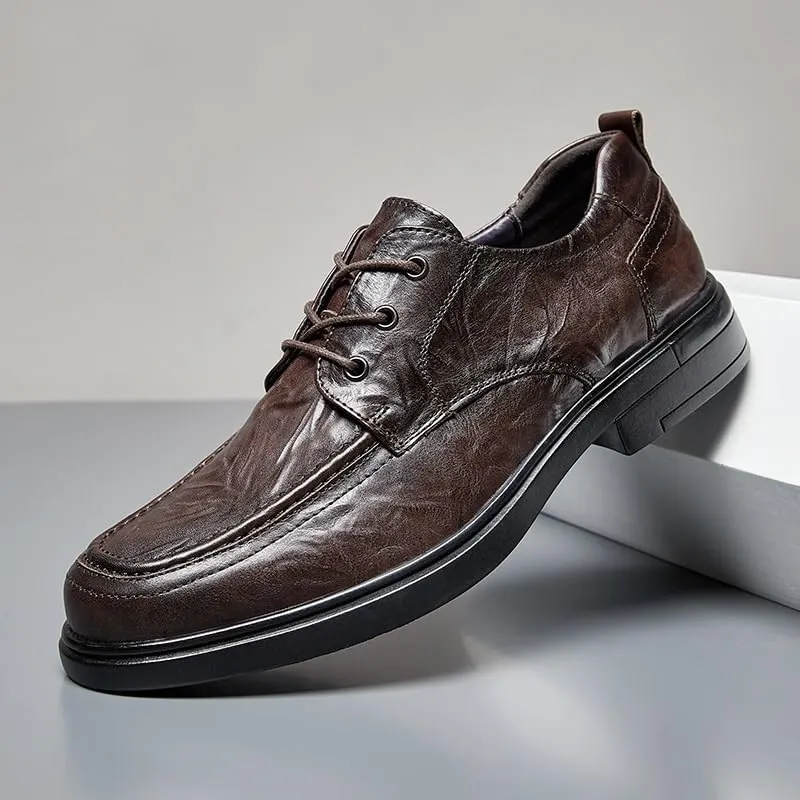 Men's Casual Business Formal Leather Shoes Hand-Brushed British Loafers Round Toe Height Increase Shock Absorption Non-Slip Shoes