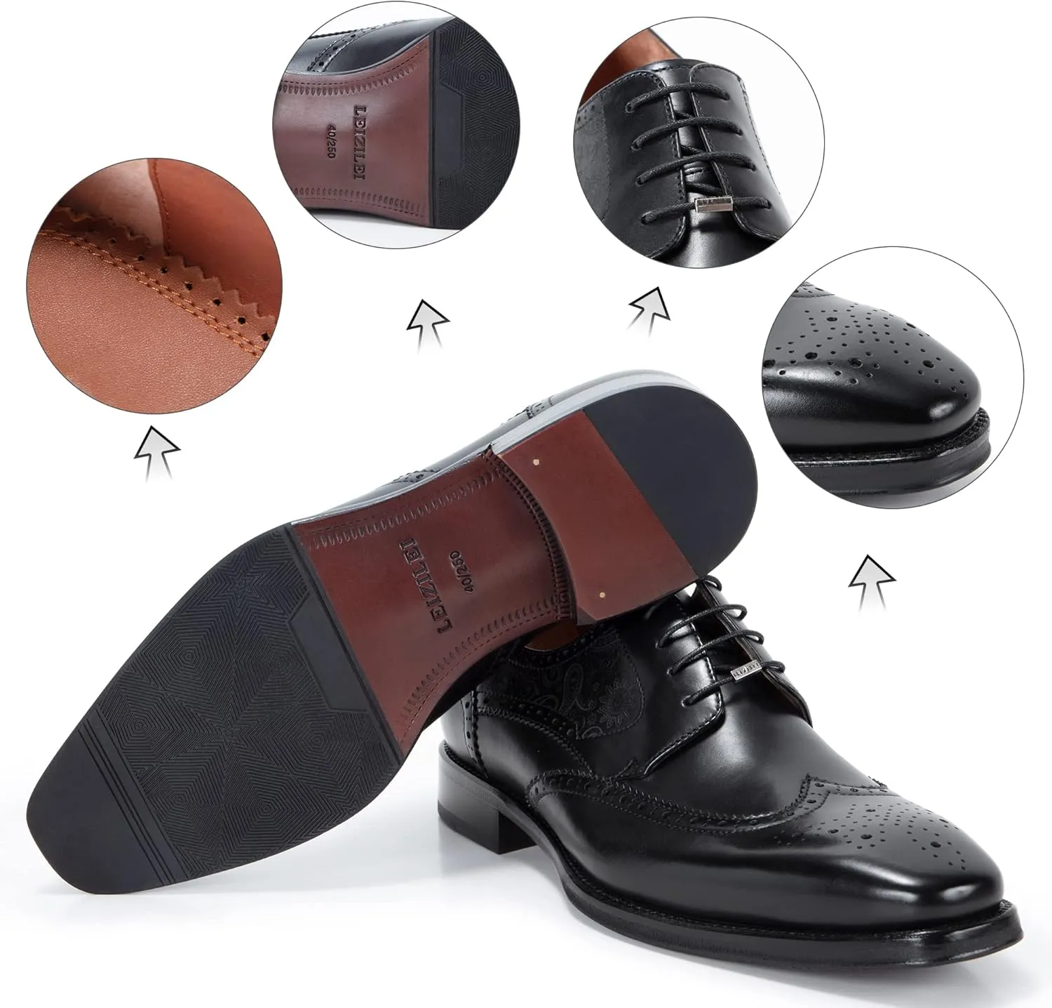 Men's Flat Dress Oxfords Textured Prints Shoes Brogue Genuine Leather Lace-Up Formal Office Shoes