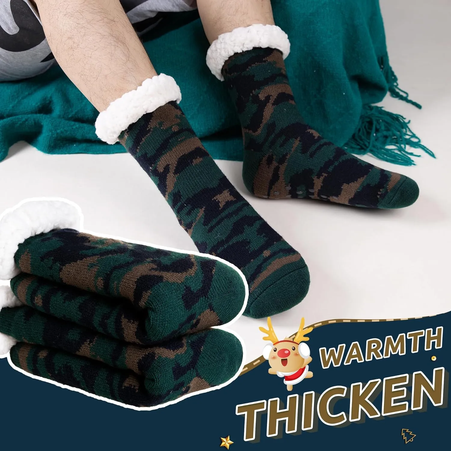 Men's Fleece Lined Cozy Extra Thick Slipper Socks Winter Non-Slip Fuzzy Home Sleeping Stockings