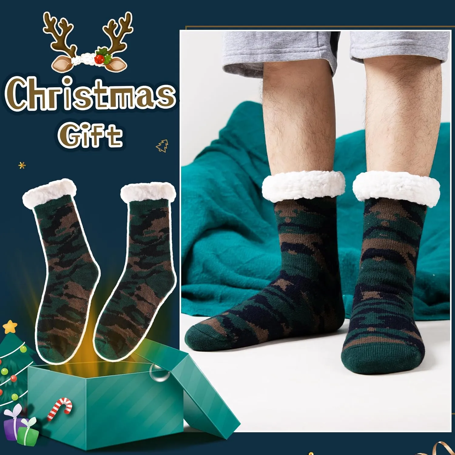Men's Fleece Lined Cozy Extra Thick Slipper Socks Winter Non-Slip Fuzzy Home Sleeping Stockings