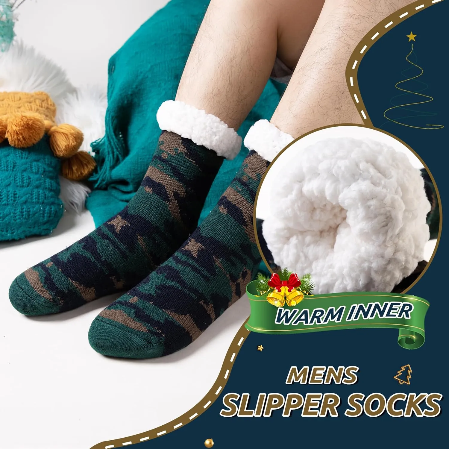 Men's Fleece Lined Cozy Extra Thick Slipper Socks Winter Non-Slip Fuzzy Home Sleeping Stockings