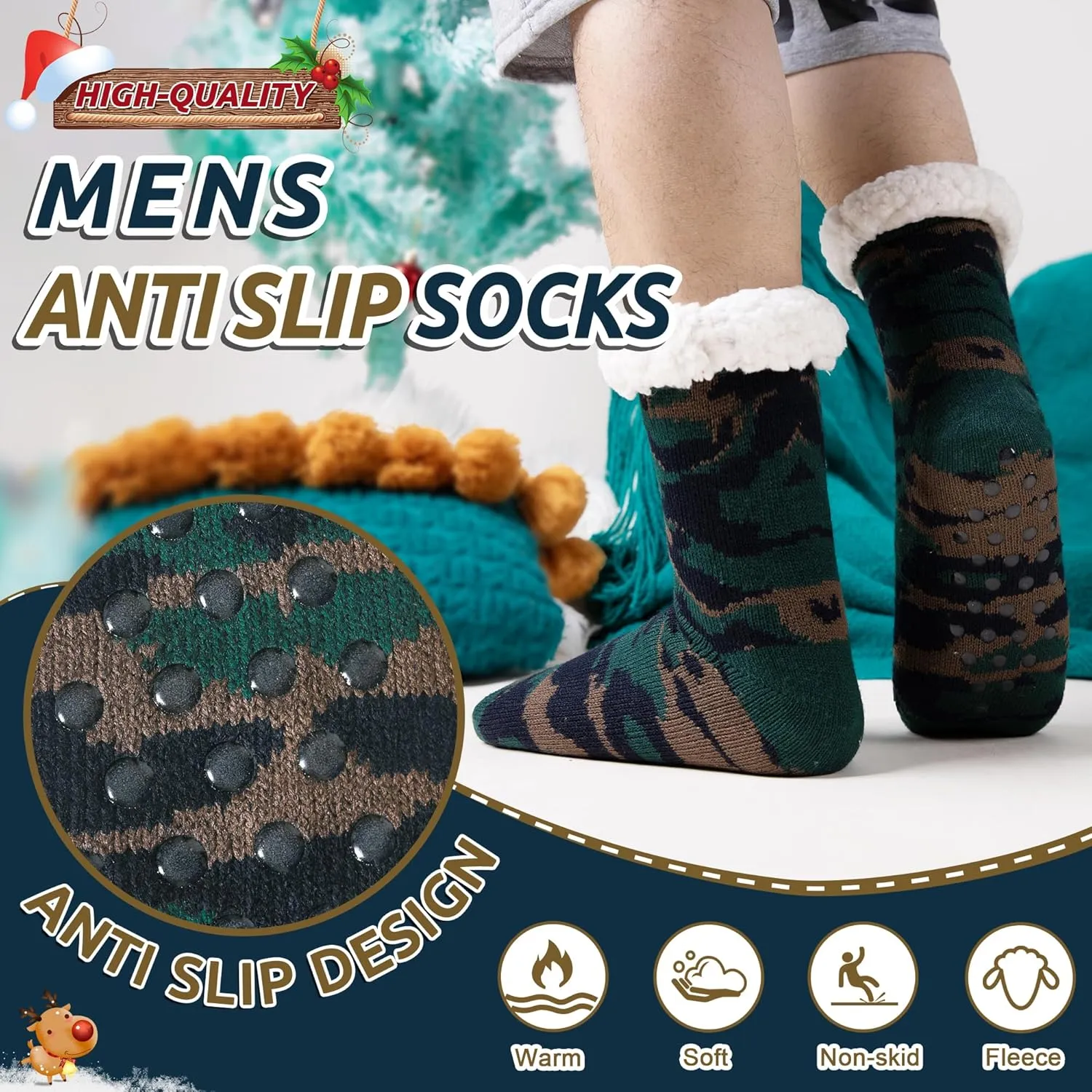 Men's Fleece Lined Cozy Extra Thick Slipper Socks Winter Non-Slip Fuzzy Home Sleeping Stockings