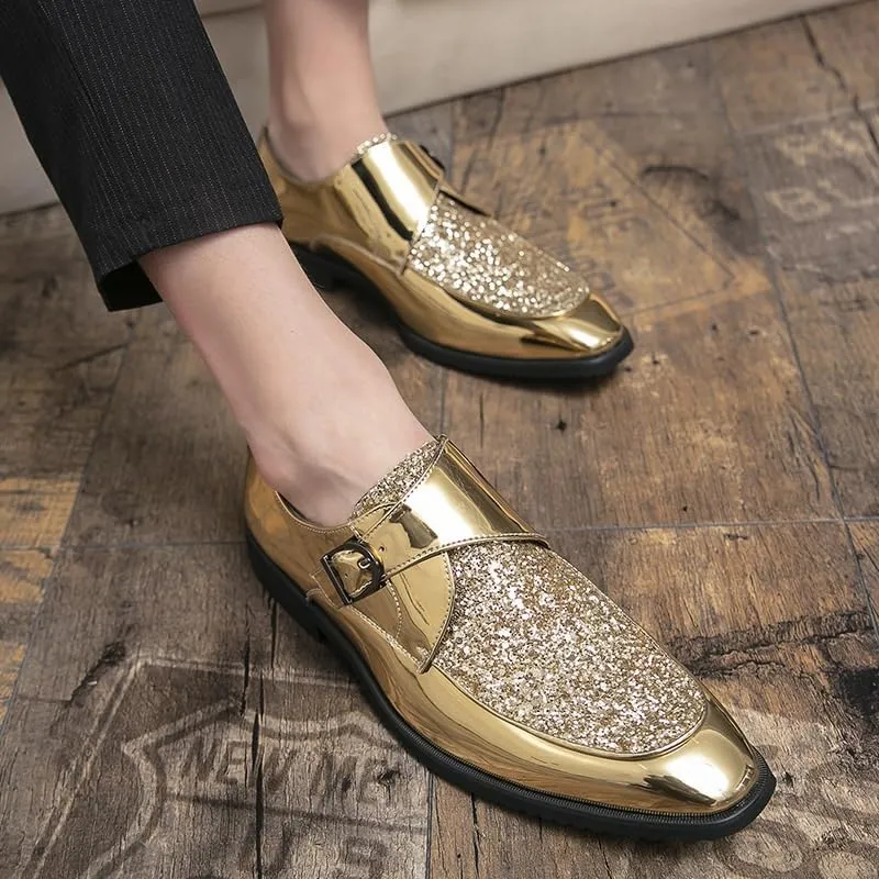 Men's Gold Shiny Patent Leather Dress Shoes Mens Fashion Classic Slip On Pointed Toe Derbys Shoes Classic Formal Business Oxford Shoes