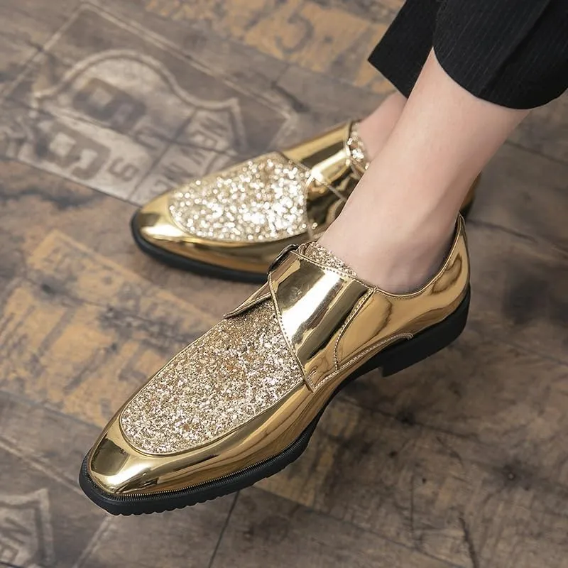 Men's Gold Shiny Patent Leather Dress Shoes Mens Fashion Classic Slip On Pointed Toe Derbys Shoes Classic Formal Business Oxford Shoes
