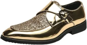 Men's Gold Shiny Patent Leather Dress Shoes Mens Fashion Classic Slip On Pointed Toe Derbys Shoes Classic Formal Business Oxford Shoes