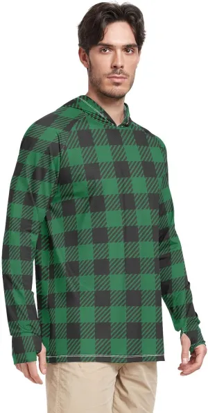 Mens Hoodie Sun Protection Long Sleeve Buffalo Plaid Green Sun Shirt with Hood UPF 50 Adult Rash Guards Rash Guard