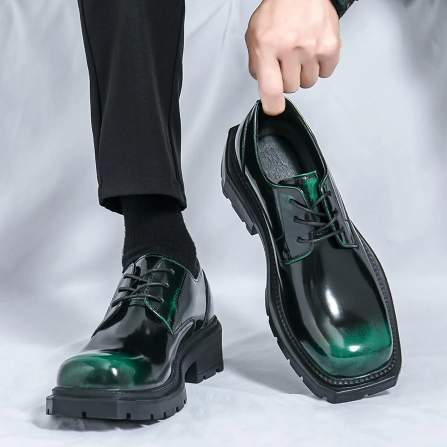 Men's Leather Platform Oxfords Fashion Square Toe Lace Up Lug Sole Business Office Dress Shoes Casual Non-Slip Low Block Heel Work Shoes