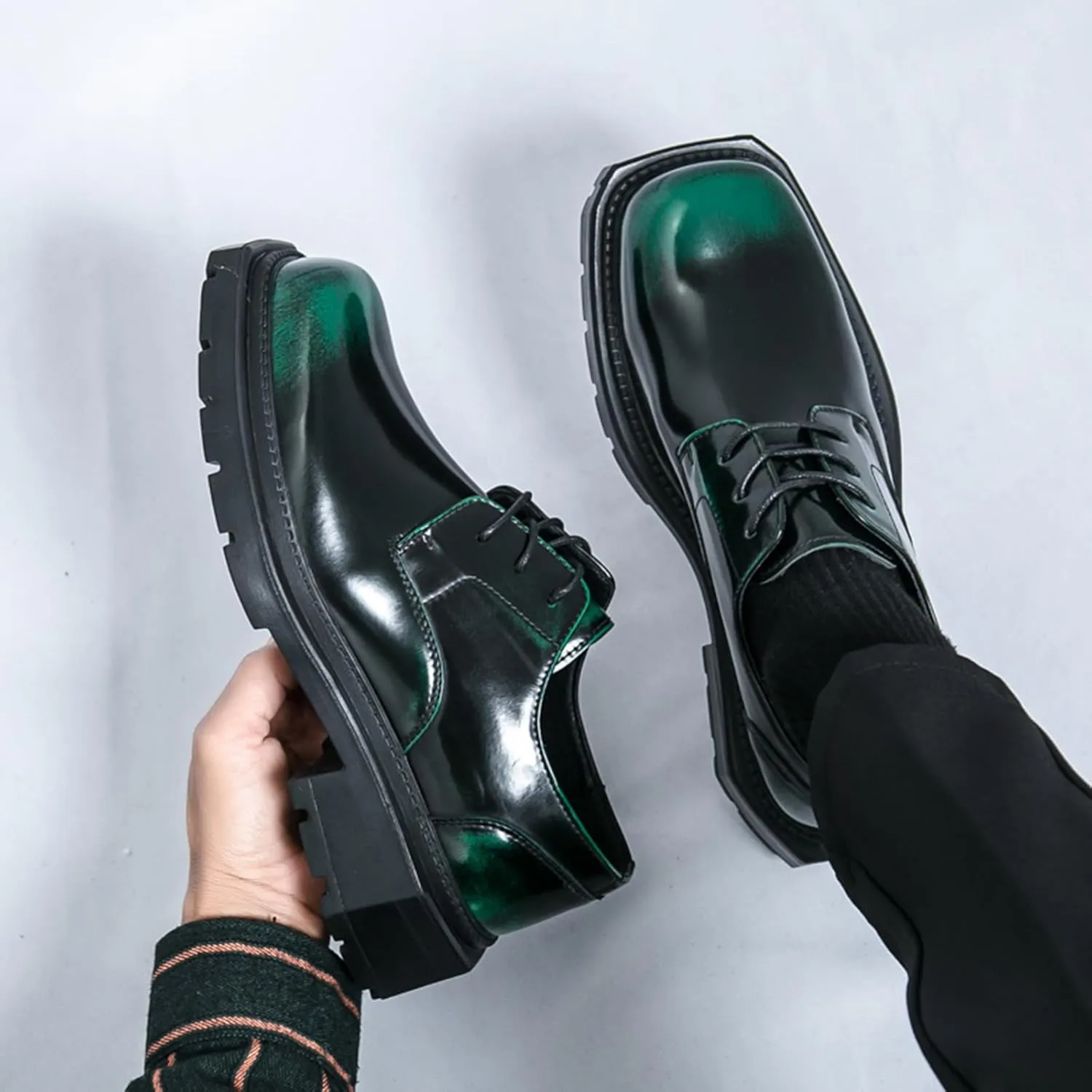 Men's Leather Platform Oxfords Fashion Square Toe Lace Up Lug Sole Business Office Dress Shoes Casual Non-Slip Low Block Heel Work Shoes