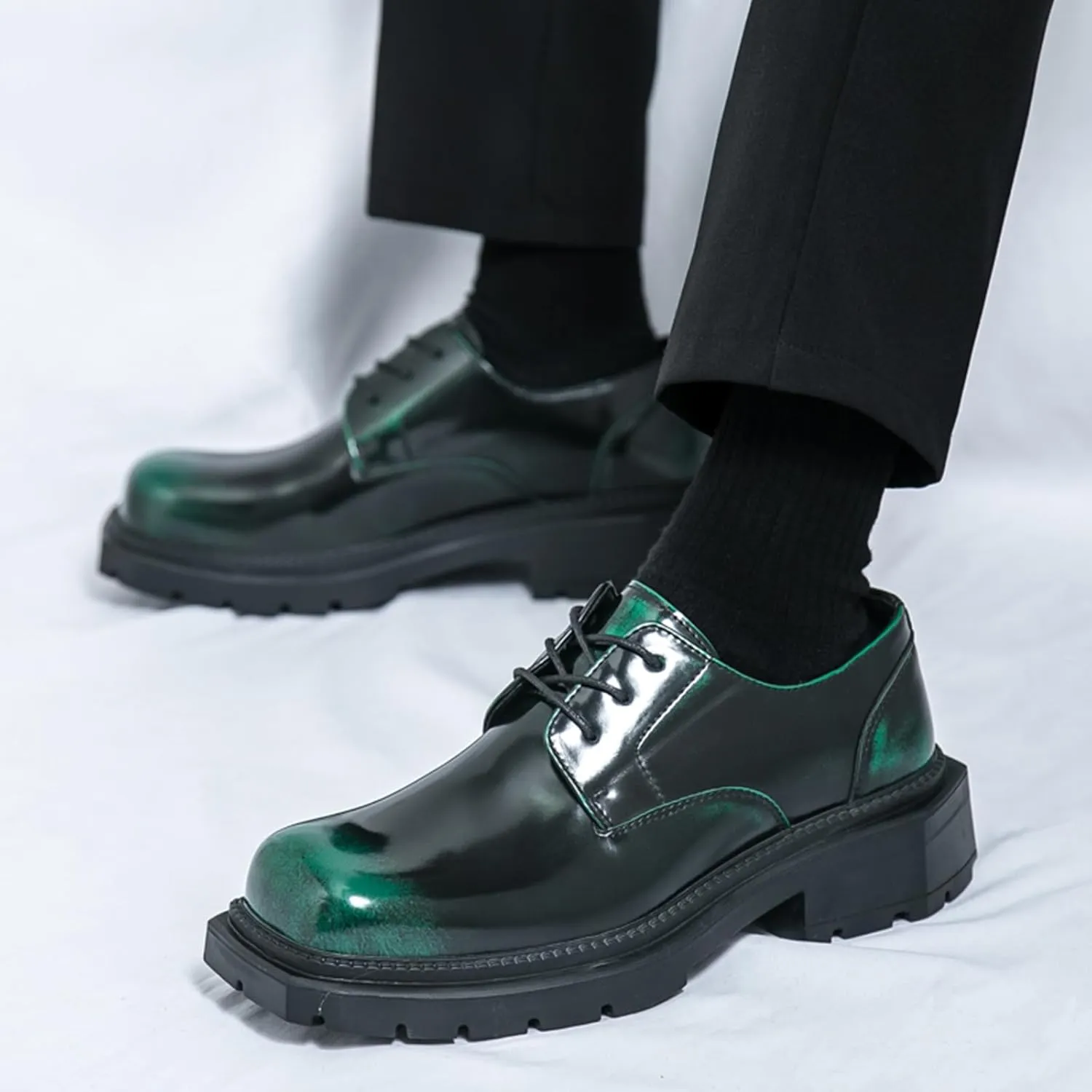 Men's Leather Platform Oxfords Fashion Square Toe Lace Up Lug Sole Business Office Dress Shoes Casual Non-Slip Low Block Heel Work Shoes