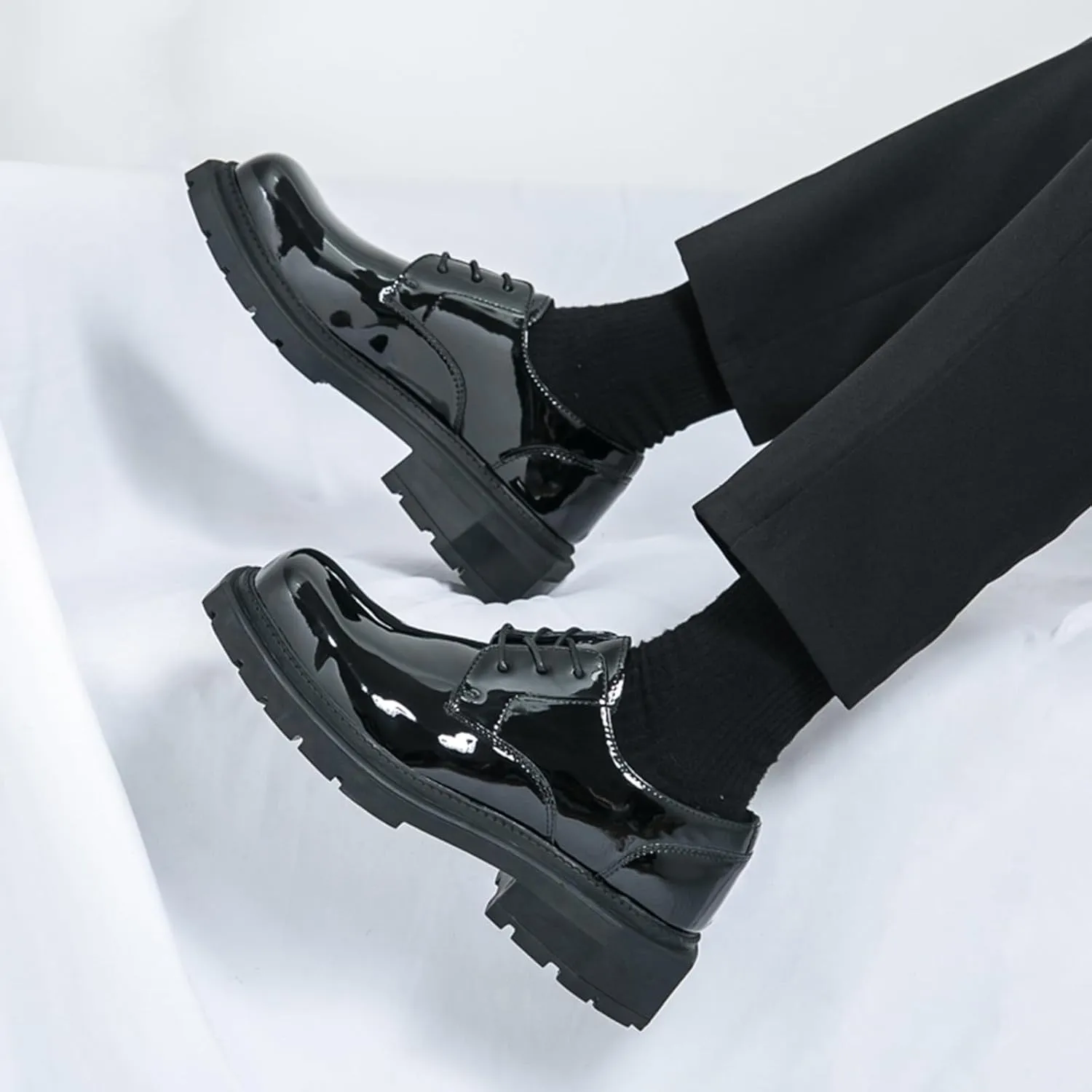 Men's Leather Platform Oxfords Fashion Square Toe Lace Up Lug Sole Business Office Dress Shoes Casual Non-Slip Low Block Heel Work Shoes