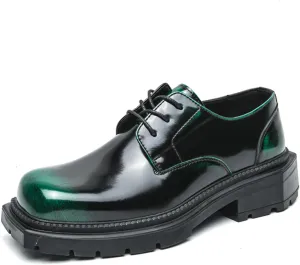Men's Leather Platform Oxfords Fashion Square Toe Lace Up Lug Sole Business Office Dress Shoes Casual Non-Slip Low Block Heel Work Shoes