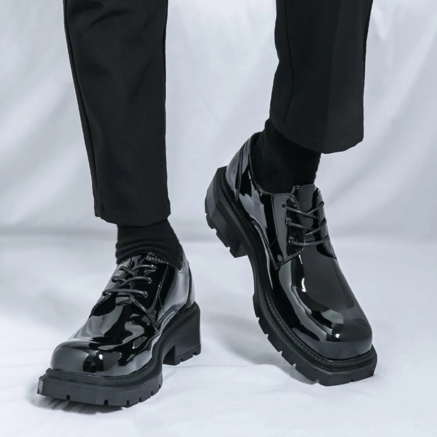 Men's Leather Platform Oxfords Fashion Square Toe Lace Up Lug Sole Business Office Dress Shoes Casual Non-Slip Low Block Heel Work Shoes
