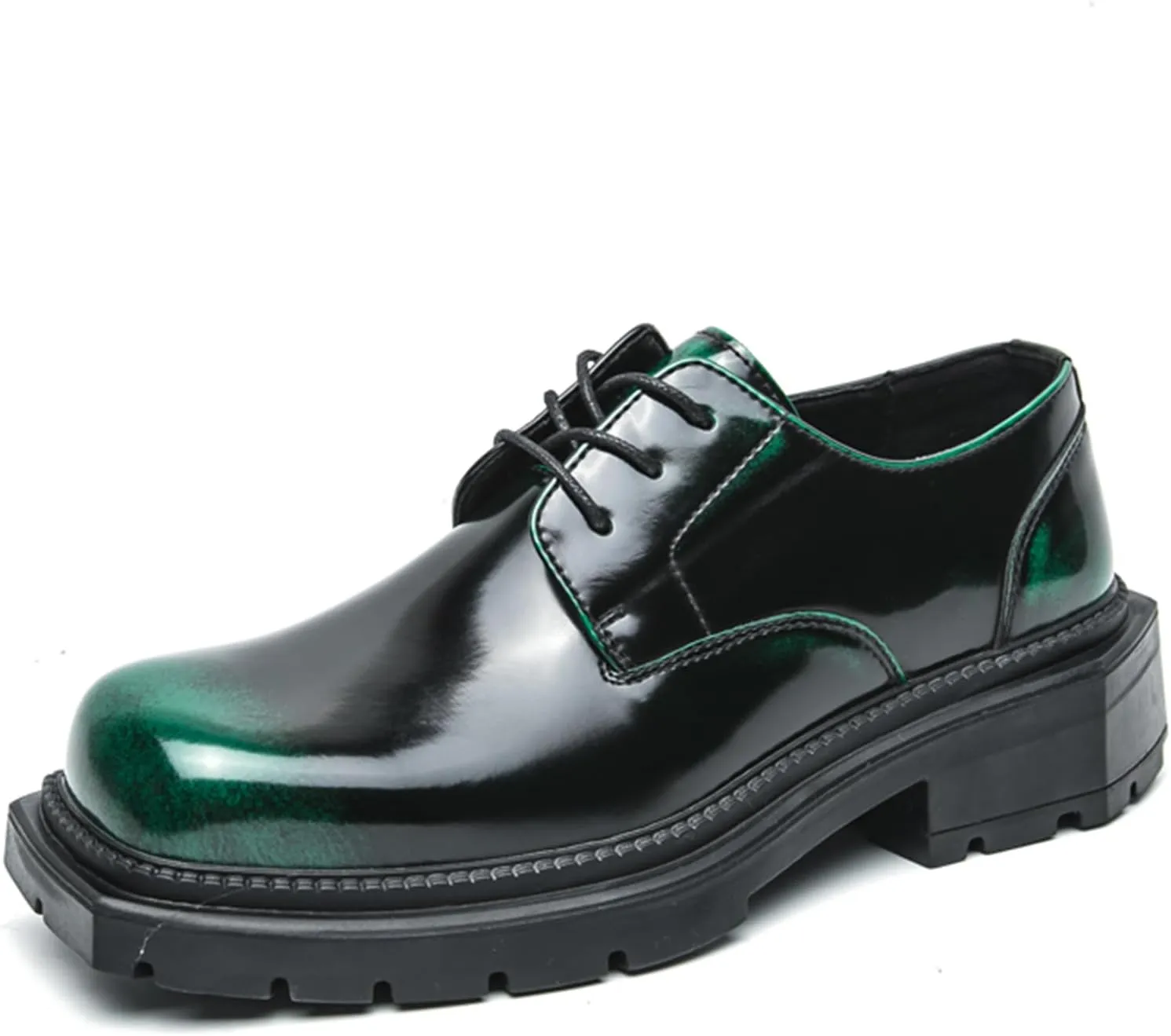Men's Leather Platform Oxfords Fashion Square Toe Lace Up Lug Sole Business Office Dress Shoes Casual Non-Slip Low Block Heel Work Shoes