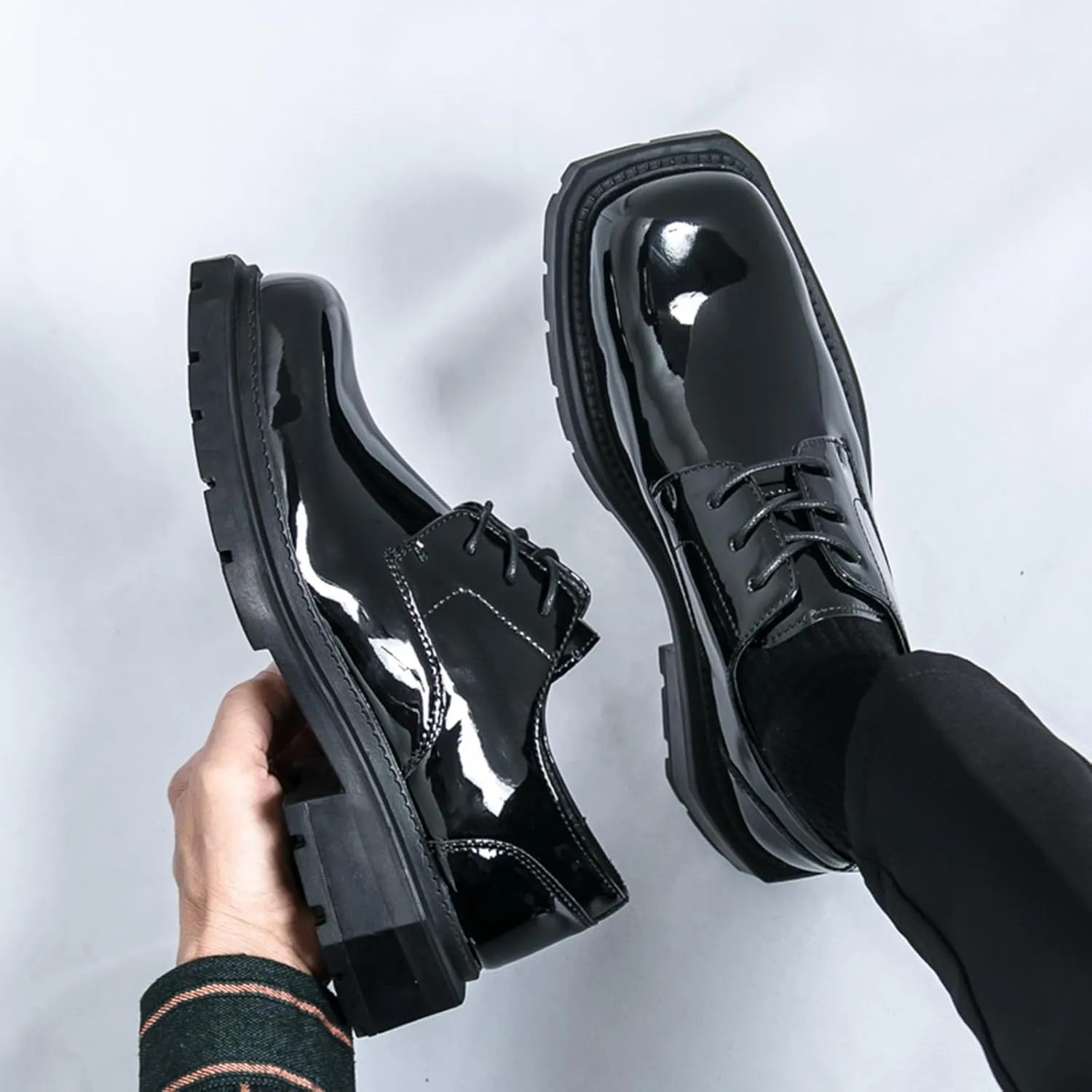 Men's Leather Platform Oxfords Fashion Square Toe Lace Up Lug Sole Business Office Dress Shoes Casual Non-Slip Low Block Heel Work Shoes