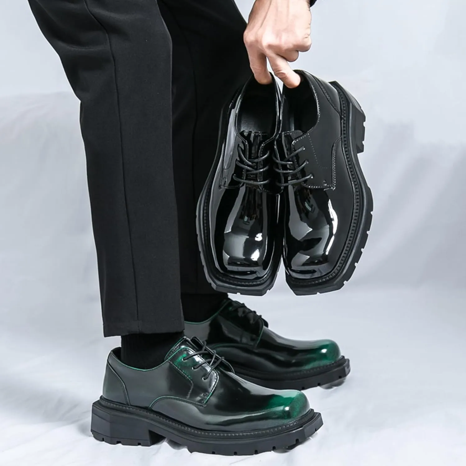 Men's Leather Platform Oxfords Fashion Square Toe Lace Up Lug Sole Business Office Dress Shoes Casual Non-Slip Low Block Heel Work Shoes