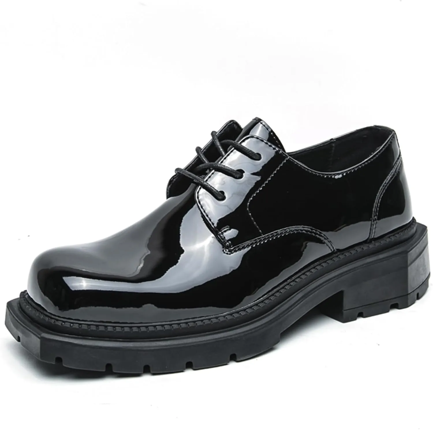 Men's Leather Platform Oxfords Fashion Square Toe Lace Up Lug Sole Business Office Dress Shoes Casual Non-Slip Low Block Heel Work Shoes