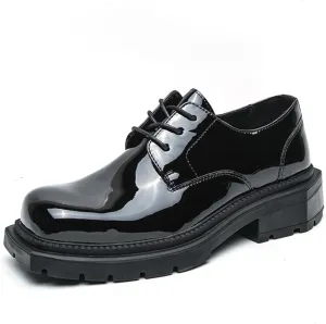 Men's Leather Platform Oxfords Fashion Square Toe Lace Up Lug Sole Business Office Dress Shoes Casual Non-Slip Low Block Heel Work Shoes