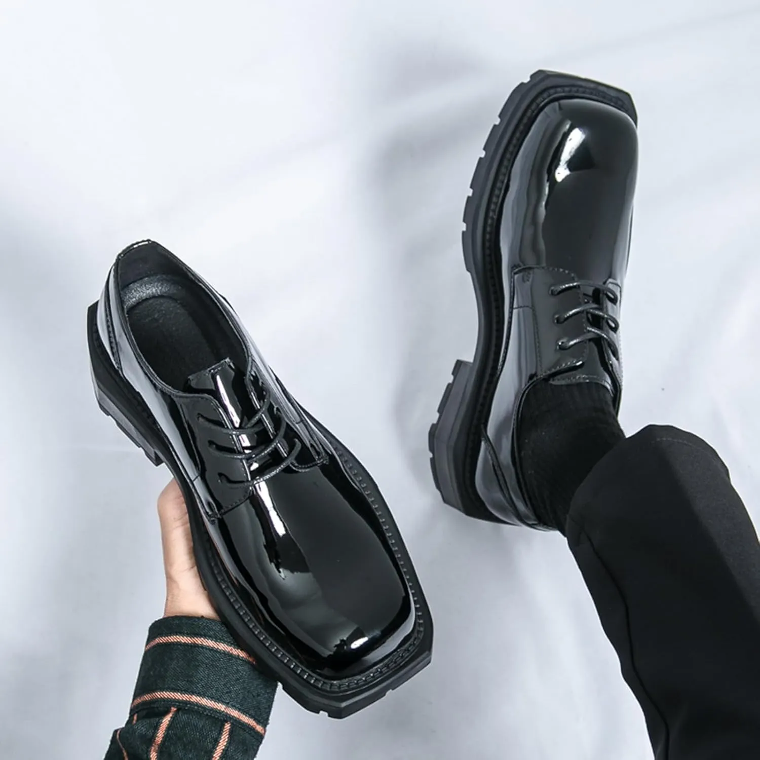 Men's Leather Platform Oxfords Fashion Square Toe Lace Up Lug Sole Business Office Dress Shoes Casual Non-Slip Low Block Heel Work Shoes