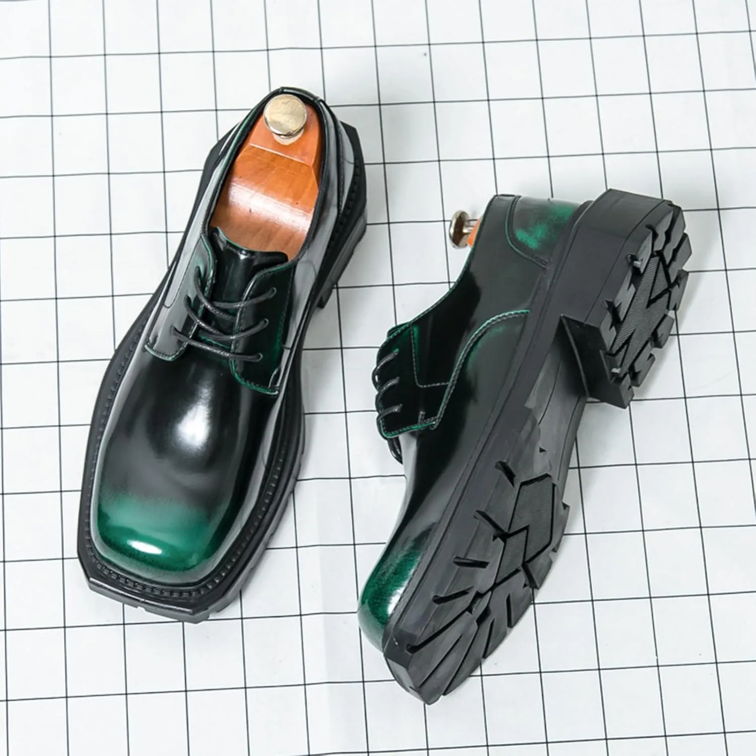 Men's Leather Platform Oxfords Fashion Square Toe Lace Up Lug Sole Business Office Dress Shoes Casual Non-Slip Low Block Heel Work Shoes