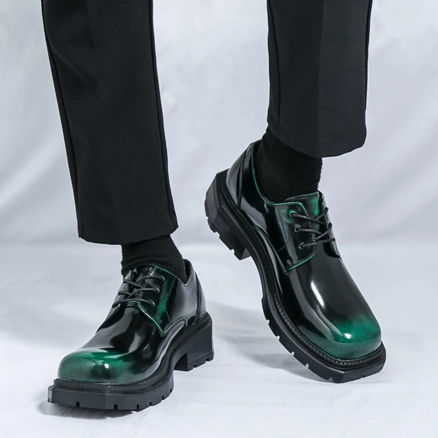 Men's Leather Platform Oxfords Fashion Square Toe Lace Up Lug Sole Business Office Dress Shoes Casual Non-Slip Low Block Heel Work Shoes
