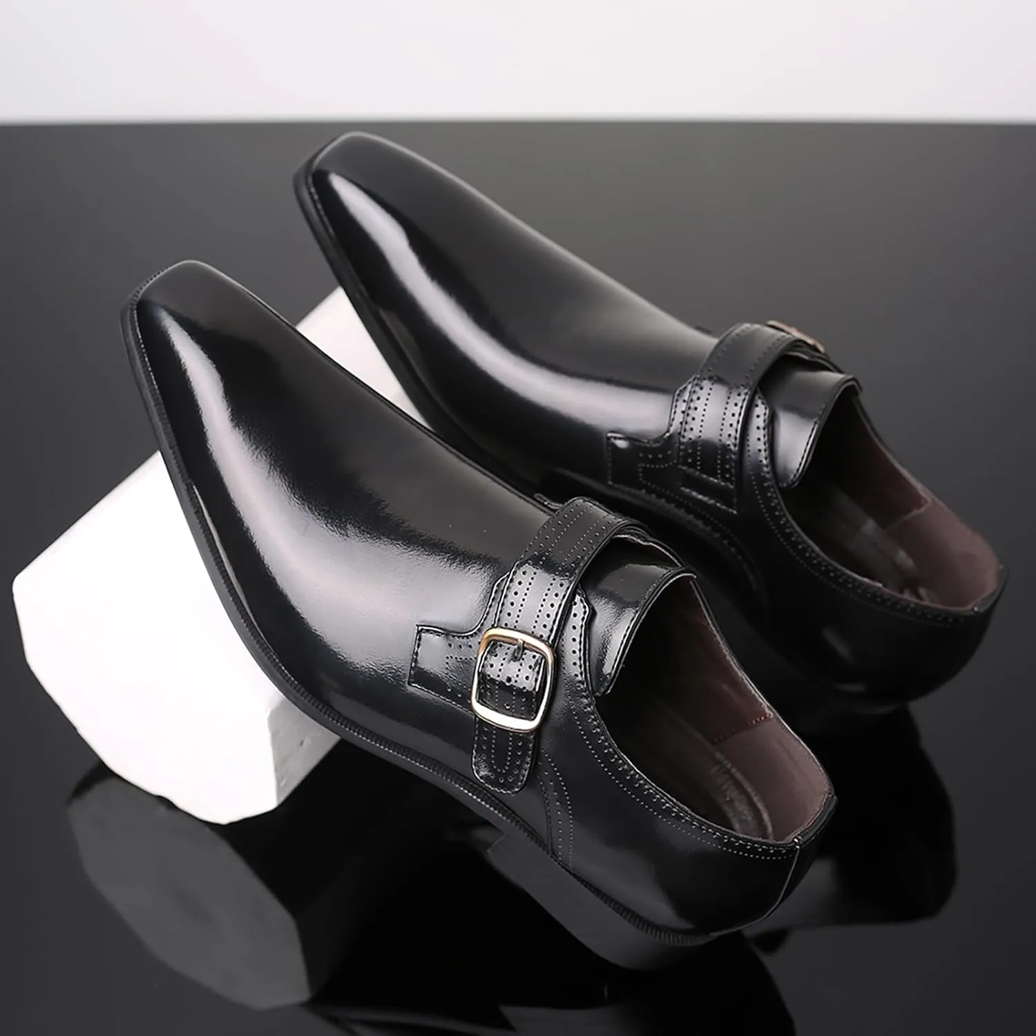 Men's Leather Pointed Toe Dress Shoes,Fashion English Style Adjustable Metal Buckle Hook & Loop Decorate Slip On Block Heel Formal Business Wedding Oxford Shoes Loafer