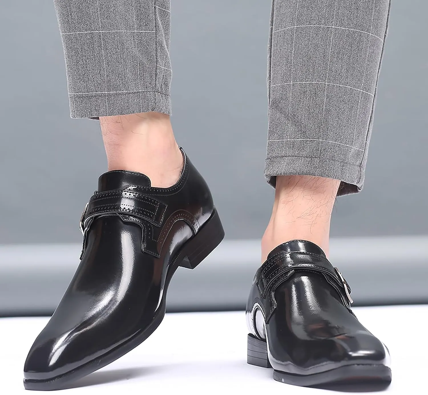 Men's Leather Pointed Toe Dress Shoes,Fashion English Style Adjustable Metal Buckle Hook & Loop Decorate Slip On Block Heel Formal Business Wedding Oxford Shoes Loafer