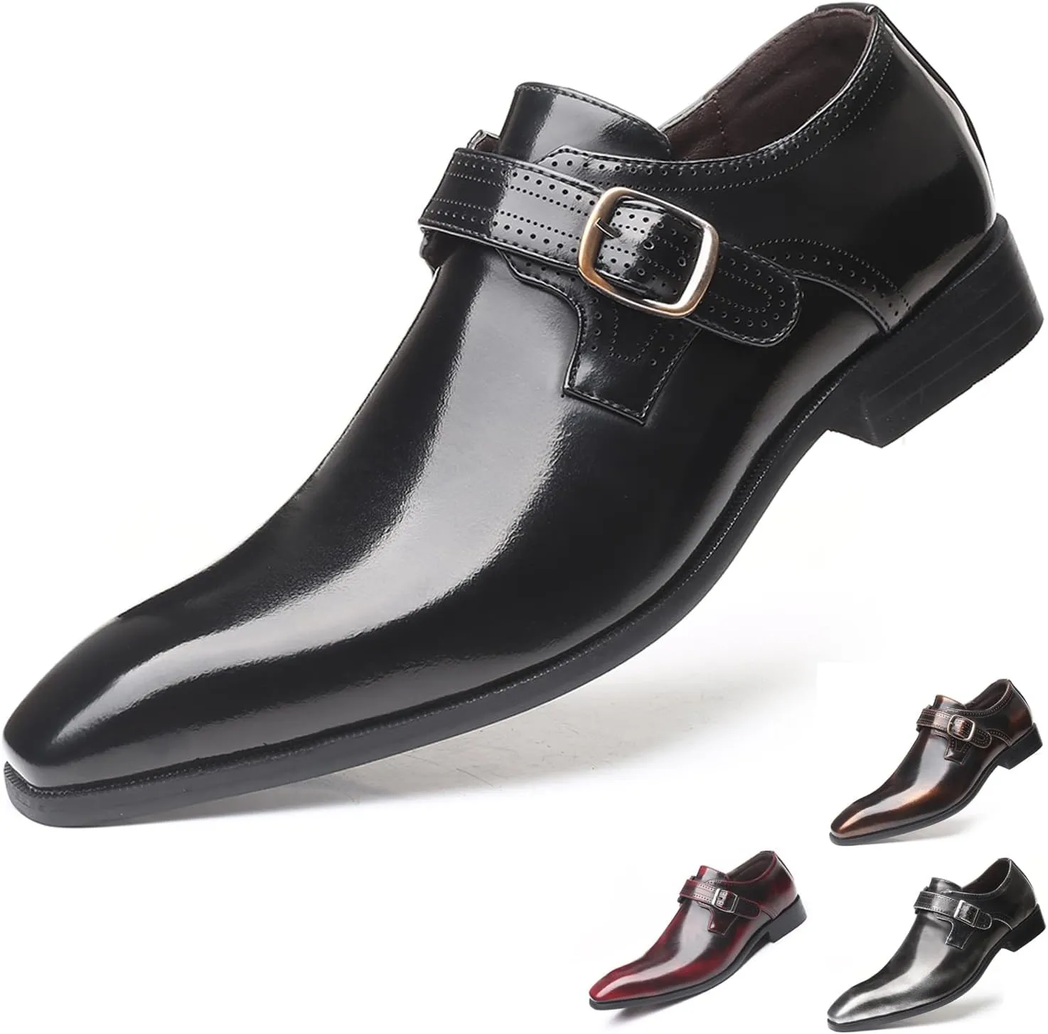 Men's Leather Pointed Toe Dress Shoes,Fashion English Style Adjustable Metal Buckle Hook & Loop Decorate Slip On Block Heel Formal Business Wedding Oxford Shoes Loafer