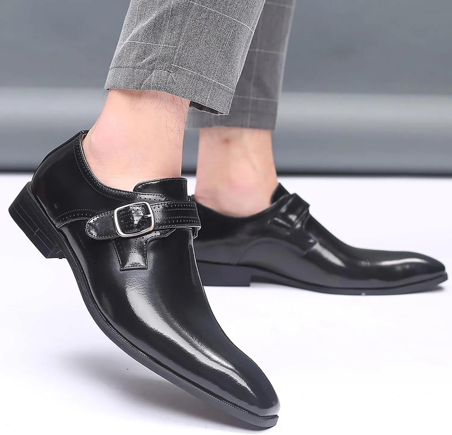 Men's Leather Pointed Toe Dress Shoes,Fashion English Style Adjustable Metal Buckle Hook & Loop Decorate Slip On Block Heel Formal Business Wedding Oxford Shoes Loafer
