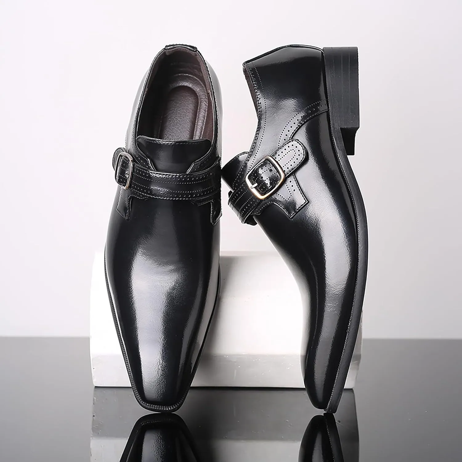 Men's Leather Pointed Toe Dress Shoes,Fashion English Style Adjustable Metal Buckle Hook & Loop Decorate Slip On Block Heel Formal Business Wedding Oxford Shoes Loafer