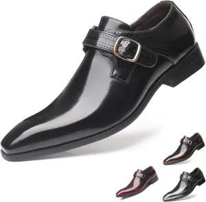 Men's Leather Pointed Toe Dress Shoes,Fashion English Style Adjustable Metal Buckle Hook & Loop Decorate Slip On Block Heel Formal Business Wedding Oxford Shoes Loafer