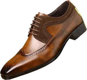 Men's Leather Wingtip Dress Oxford Shoes Retro Stitching Chunky Heel Non-Slip Business Work Lace Up Dress Shoes Fashion Derby Oxford