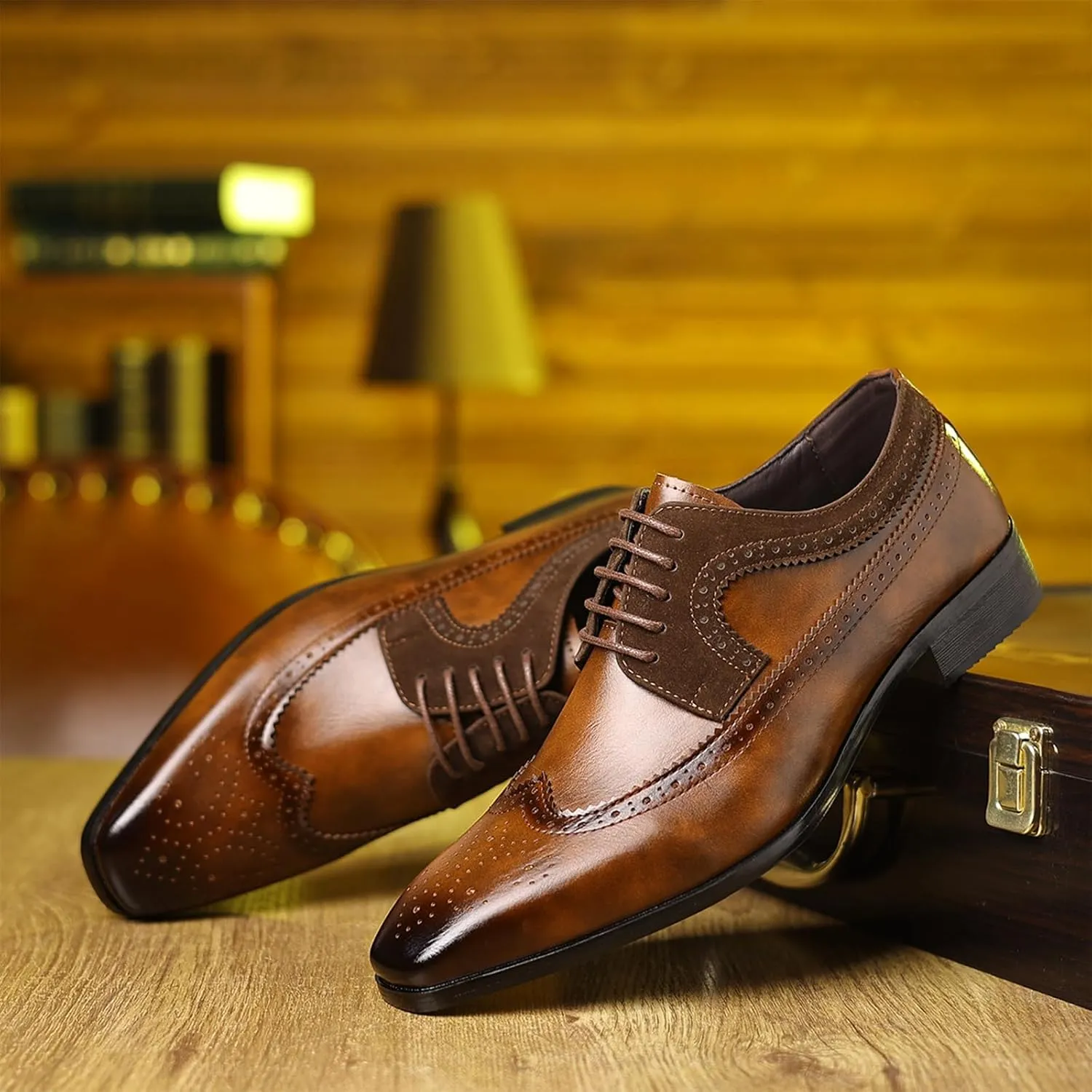 Men's Leather Wingtip Dress Oxford Shoes Retro Stitching Chunky Heel Non-Slip Business Work Lace Up Dress Shoes Fashion Derby Oxford