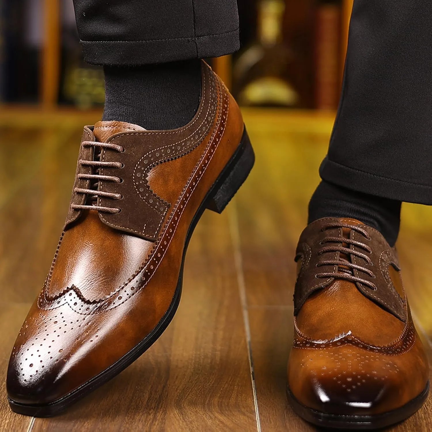 Men's Leather Wingtip Dress Oxford Shoes Retro Stitching Chunky Heel Non-Slip Business Work Lace Up Dress Shoes Fashion Derby Oxford