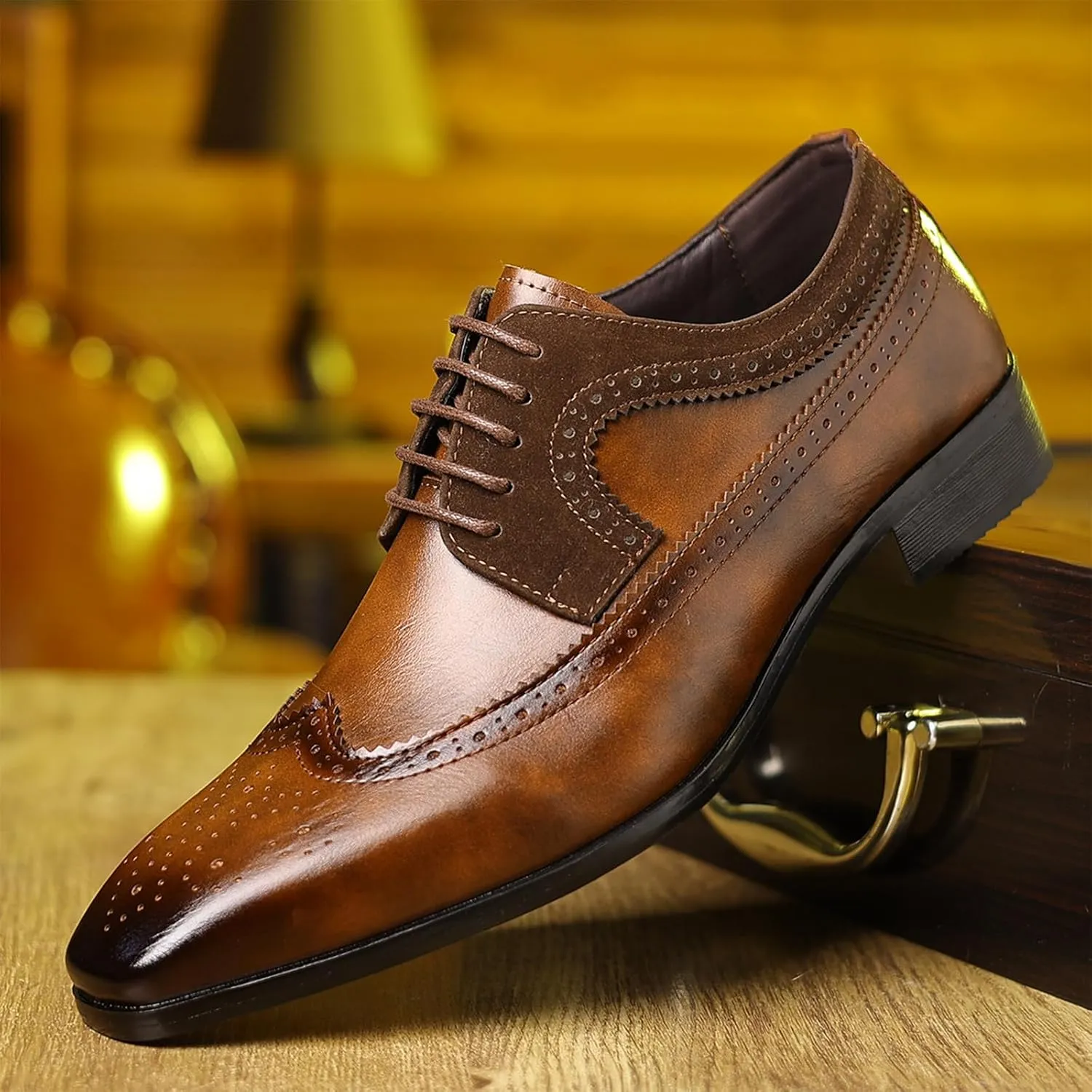 Men's Leather Wingtip Dress Oxford Shoes Retro Stitching Chunky Heel Non-Slip Business Work Lace Up Dress Shoes Fashion Derby Oxford