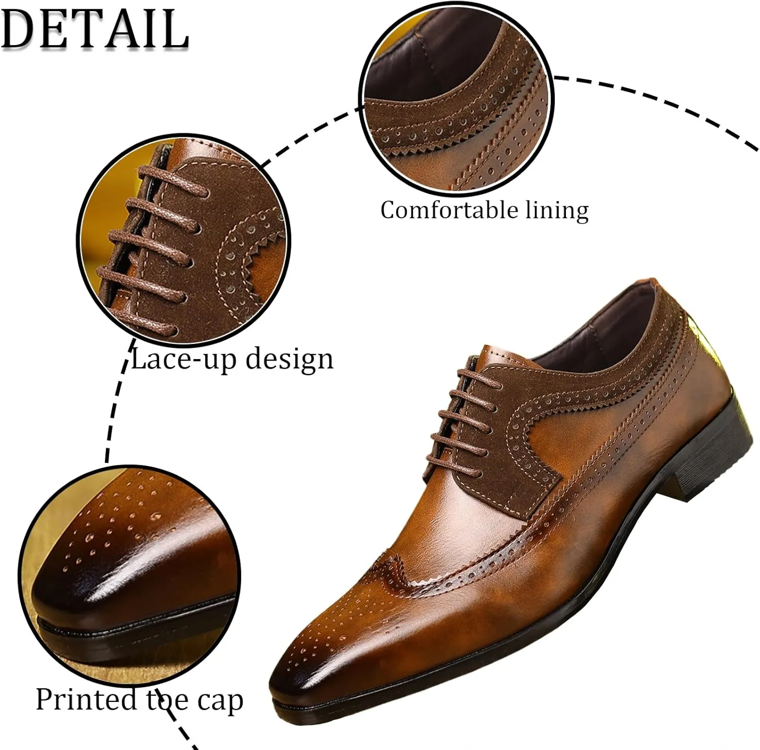 Men's Leather Wingtip Dress Oxford Shoes Retro Stitching Chunky Heel Non-Slip Business Work Lace Up Dress Shoes Fashion Derby Oxford
