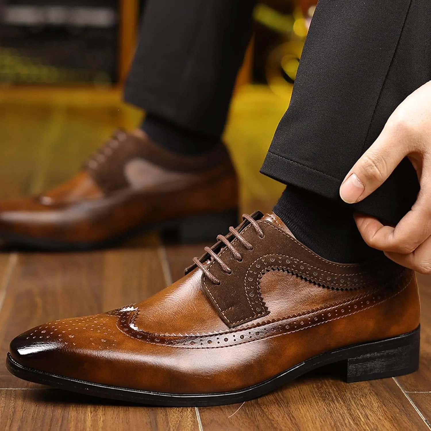 Men's Leather Wingtip Dress Oxford Shoes Retro Stitching Chunky Heel Non-Slip Business Work Lace Up Dress Shoes Fashion Derby Oxford