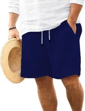 Mens Linen Flat Front Casual Shorts Classic Fit Drawstring Beach Shorts Elastic Waist Drawstring Beach Short