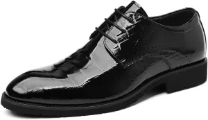 Men's Oxfords Shoes Lightweight All-Day Comfort Non-Slip Soft Sole Dress Shoes Pointed Toe Shiny Patent Leather Lace Up Derby Shoe for Men