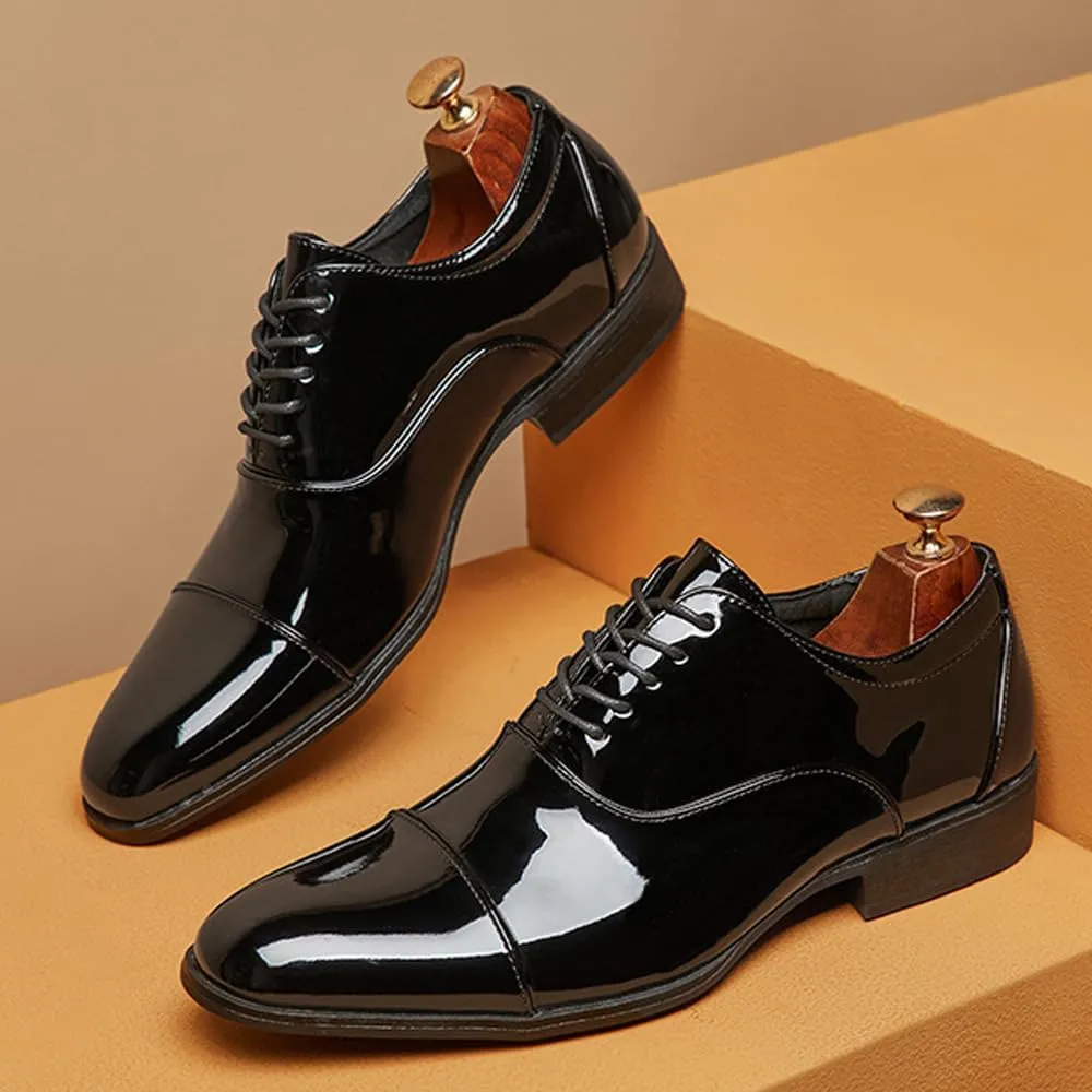 Men's Patent Leather Cap Toe Tuxedo Oxfords Fashion Classic Low Top Lace-Up Low Chunky Heel Dress Derby Shoes for Business Wedding Party