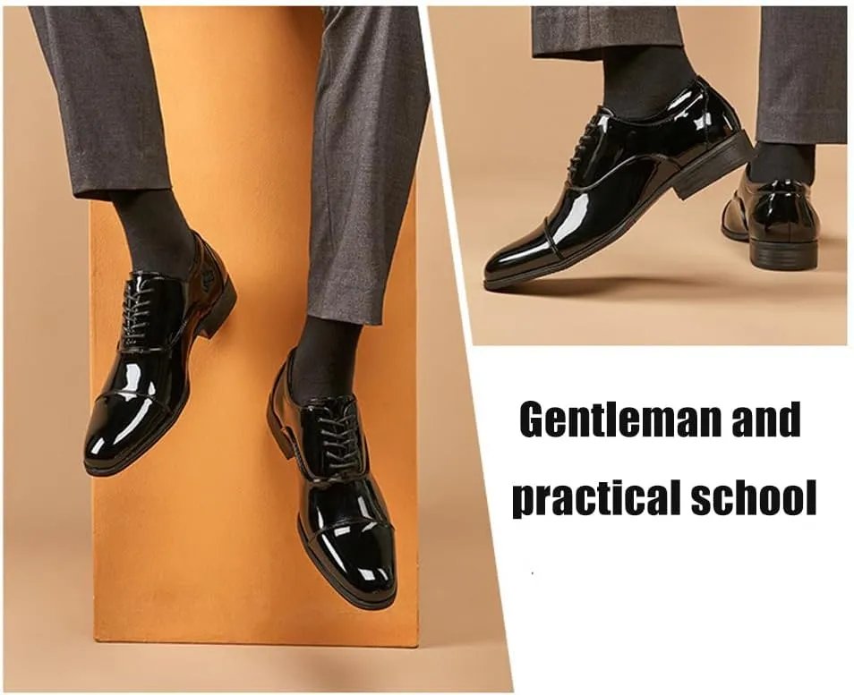 Men's Patent Leather Cap Toe Tuxedo Oxfords Fashion Classic Low Top Lace-Up Low Chunky Heel Dress Derby Shoes for Business Wedding Party
